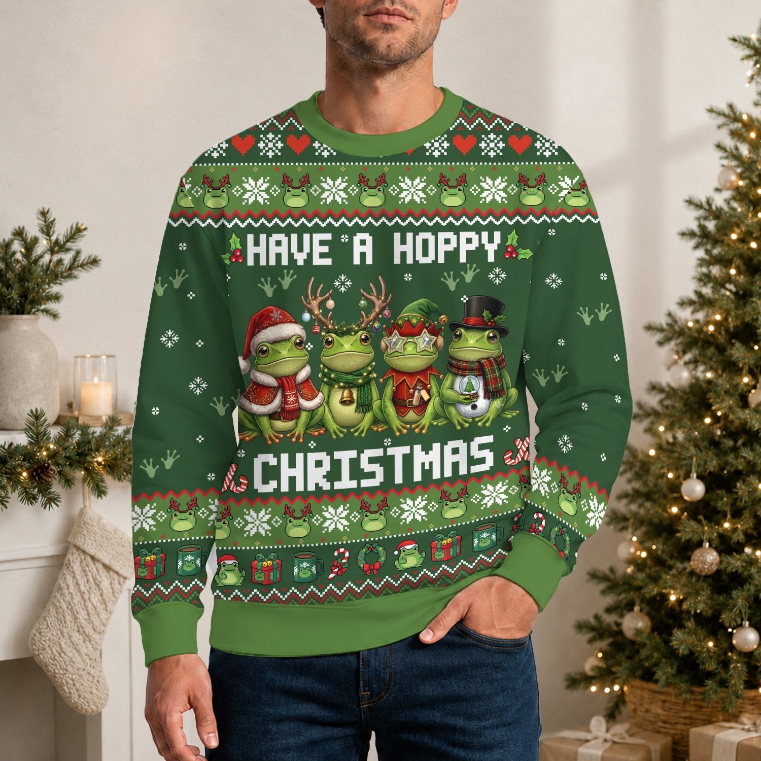 Second lifestyle view showing the green festive ugly sweater being worn