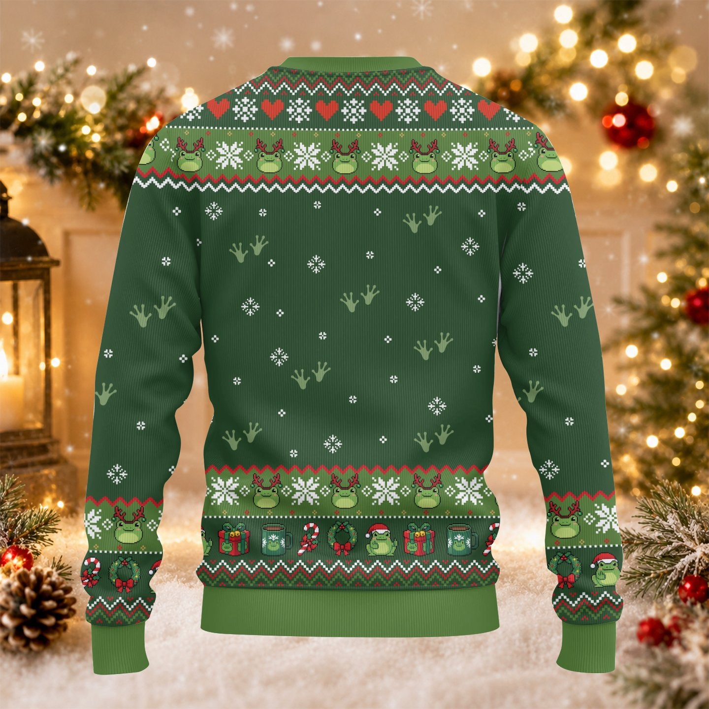 Lifestyle view of an adult wearing the frogs holiday ugly sweater