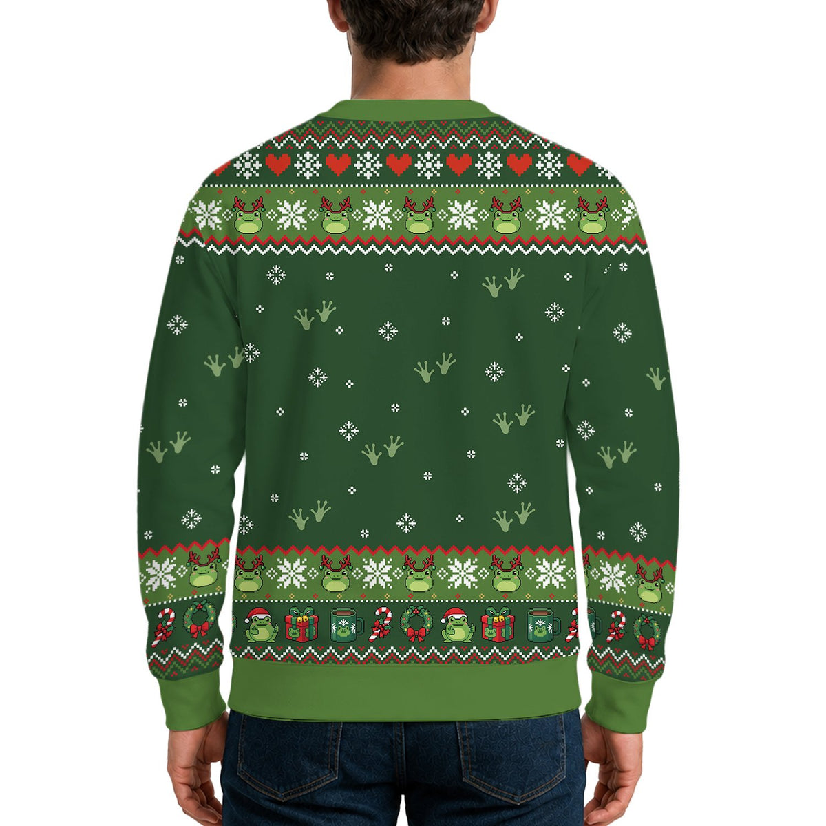 Angled view of the green holiday ugly sweater highlighting the frog footprints pattern