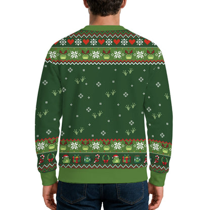 Angled view of the green holiday ugly sweater highlighting the frog footprints pattern
