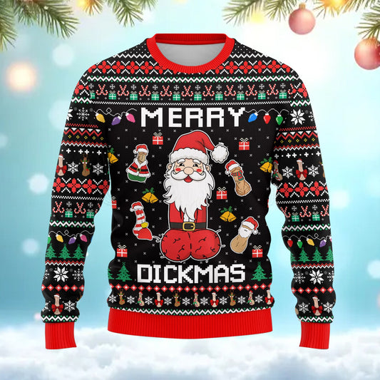 Funny adult humor Merry Dickmas ugly sweater mens funny design on black background, front view
