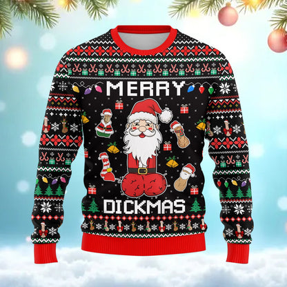 Front view of the Merry Dickmas adult ugly christmas sweater