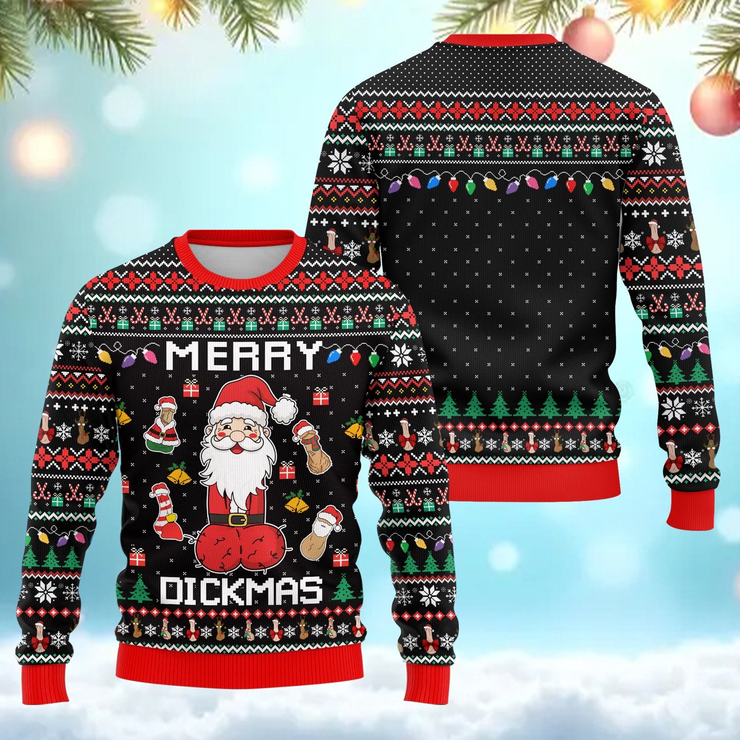 Another detail view of the Merry Dickmas holiday sweater