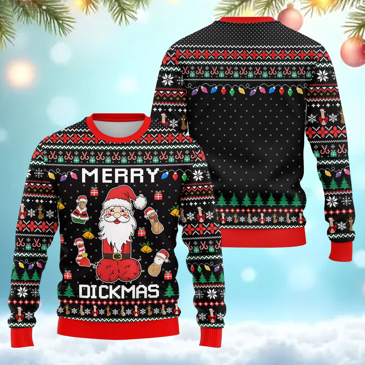 Another detail view of the Merry Dickmas holiday sweater