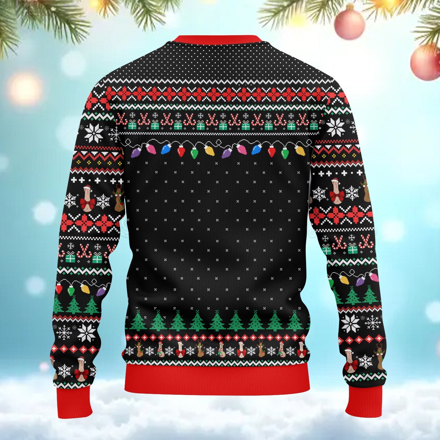 Alternate back view of the Merry Dickmas adult humor sweater