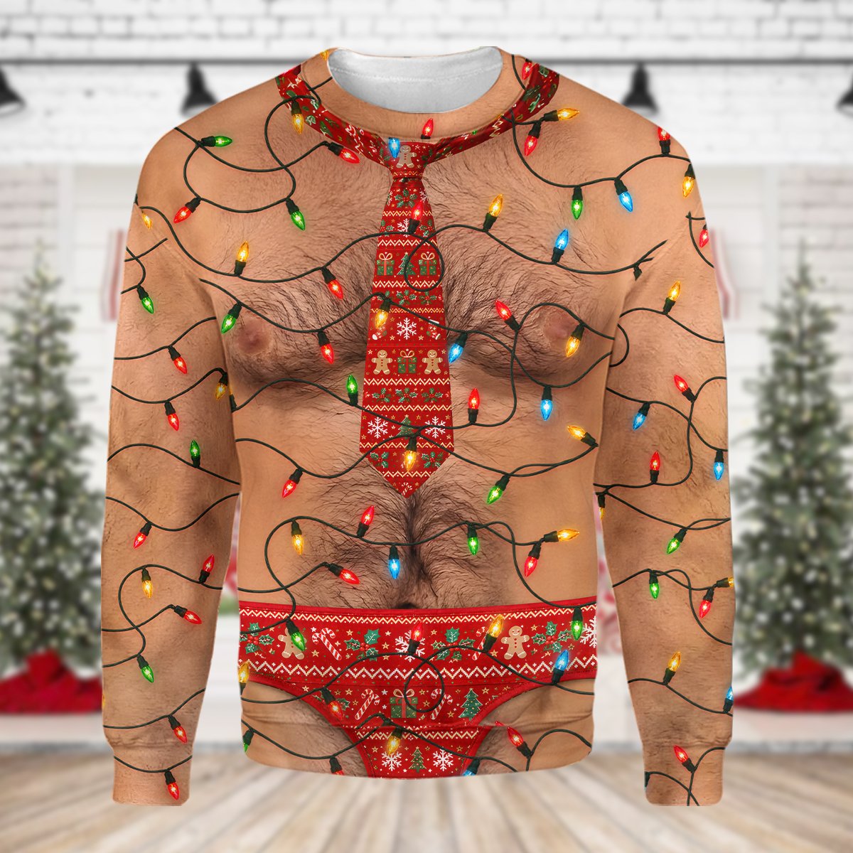 Men ugly sweater funny featuring hairy chest and lights, flat main view