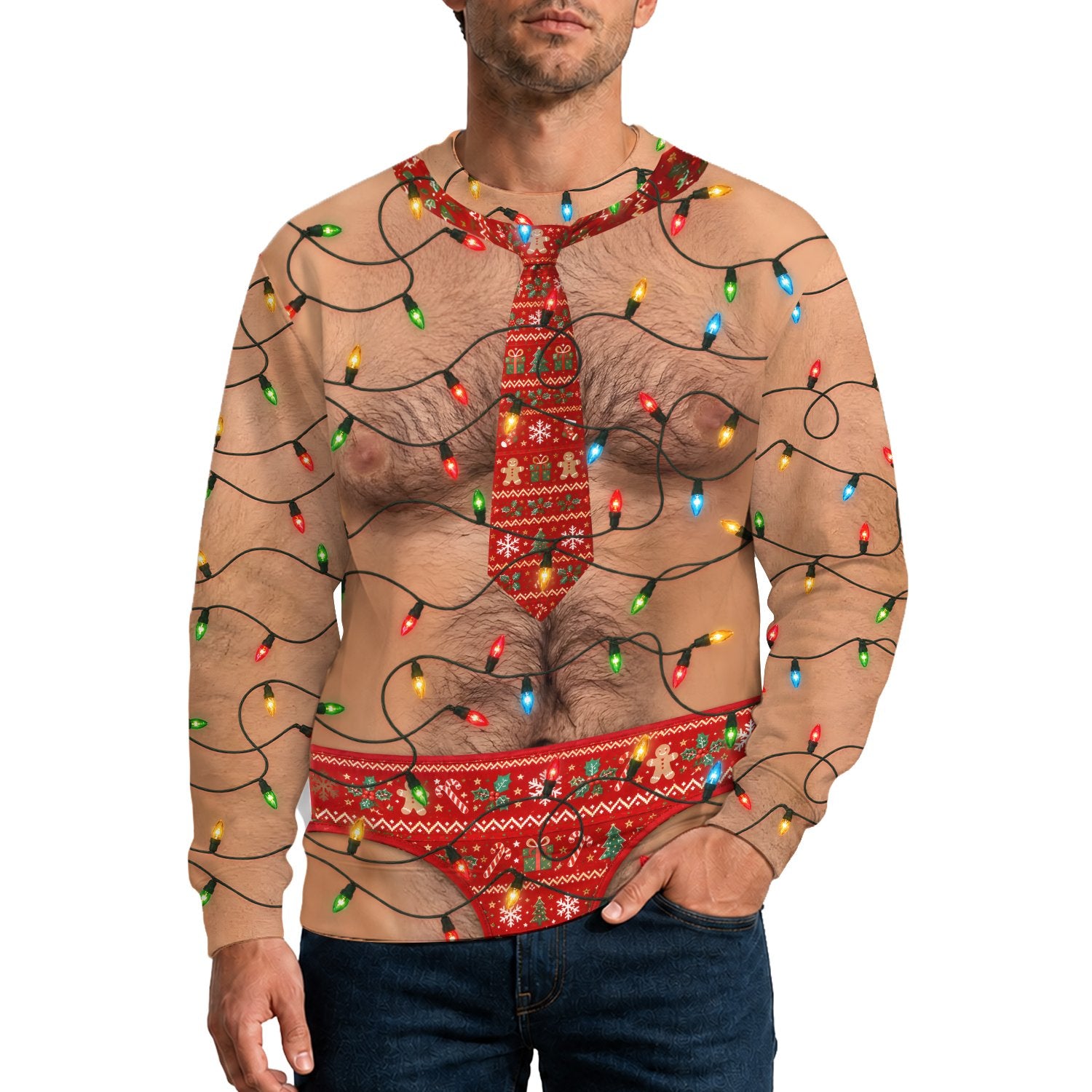 Alternate lifestyle view of the hairy chest ugly sweater