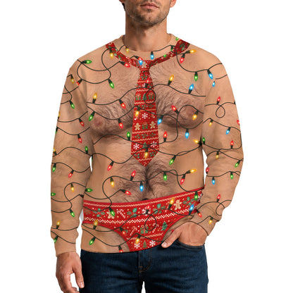 Alternate lifestyle view of the hairy chest ugly sweater