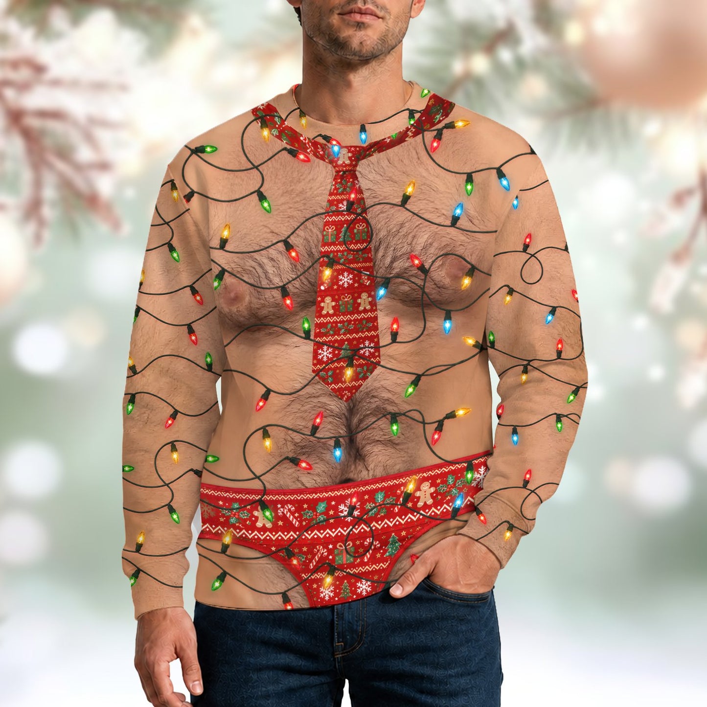 Lifestyle view of someone wearing the funny ugly christmas sweater