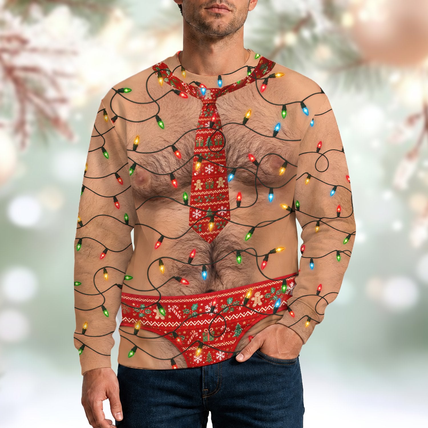 Lifestyle view of someone wearing the funny ugly christmas sweater