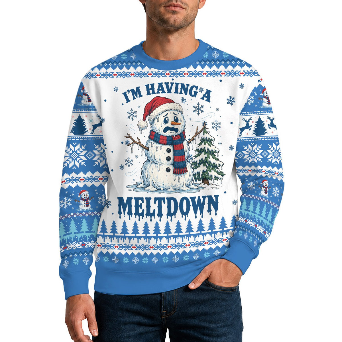 Funny mens ugly sweater with melting snowman and I'm having a meltdown text, front view
