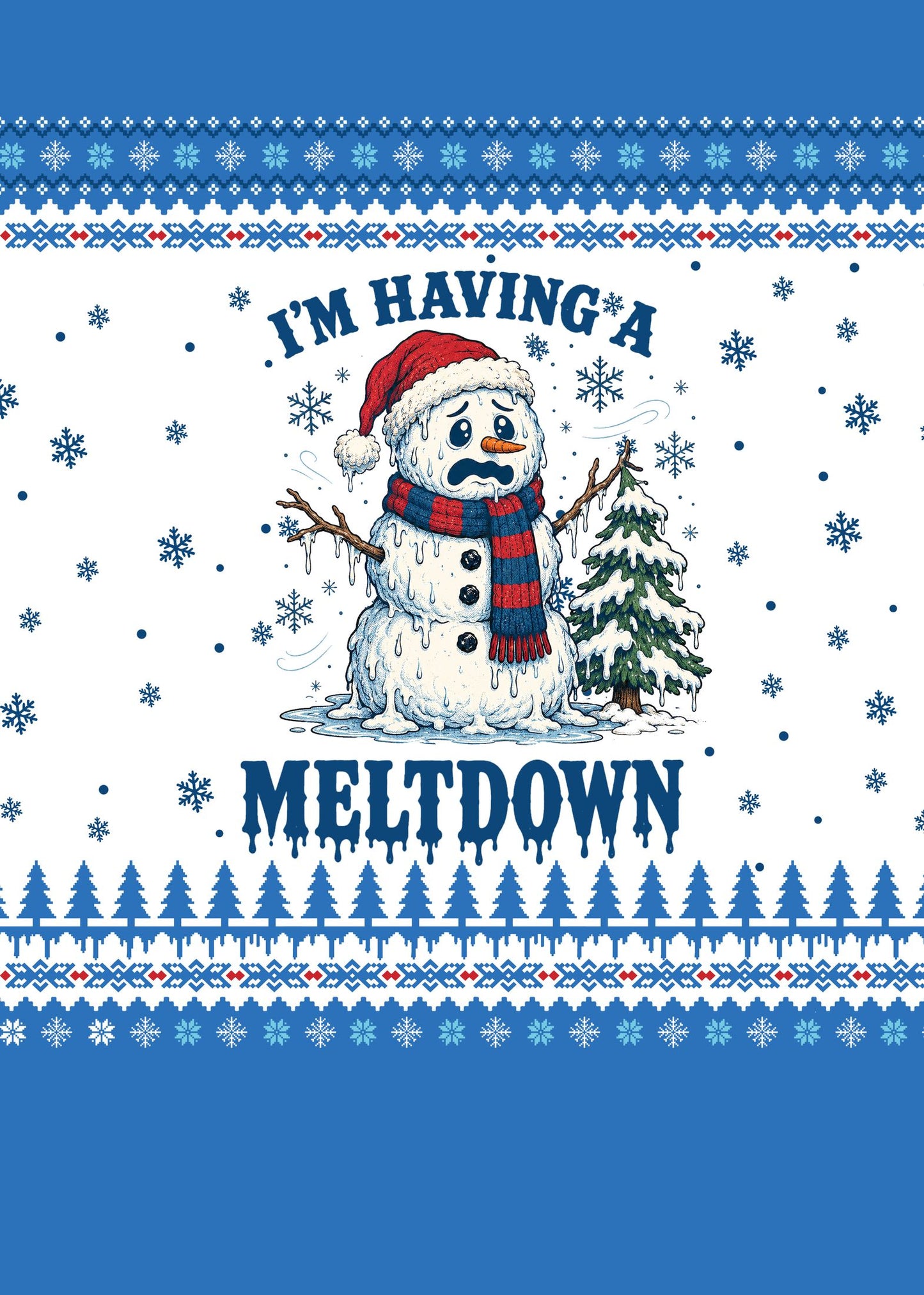 Close up of melting snowman on blue holiday sweater, view 3