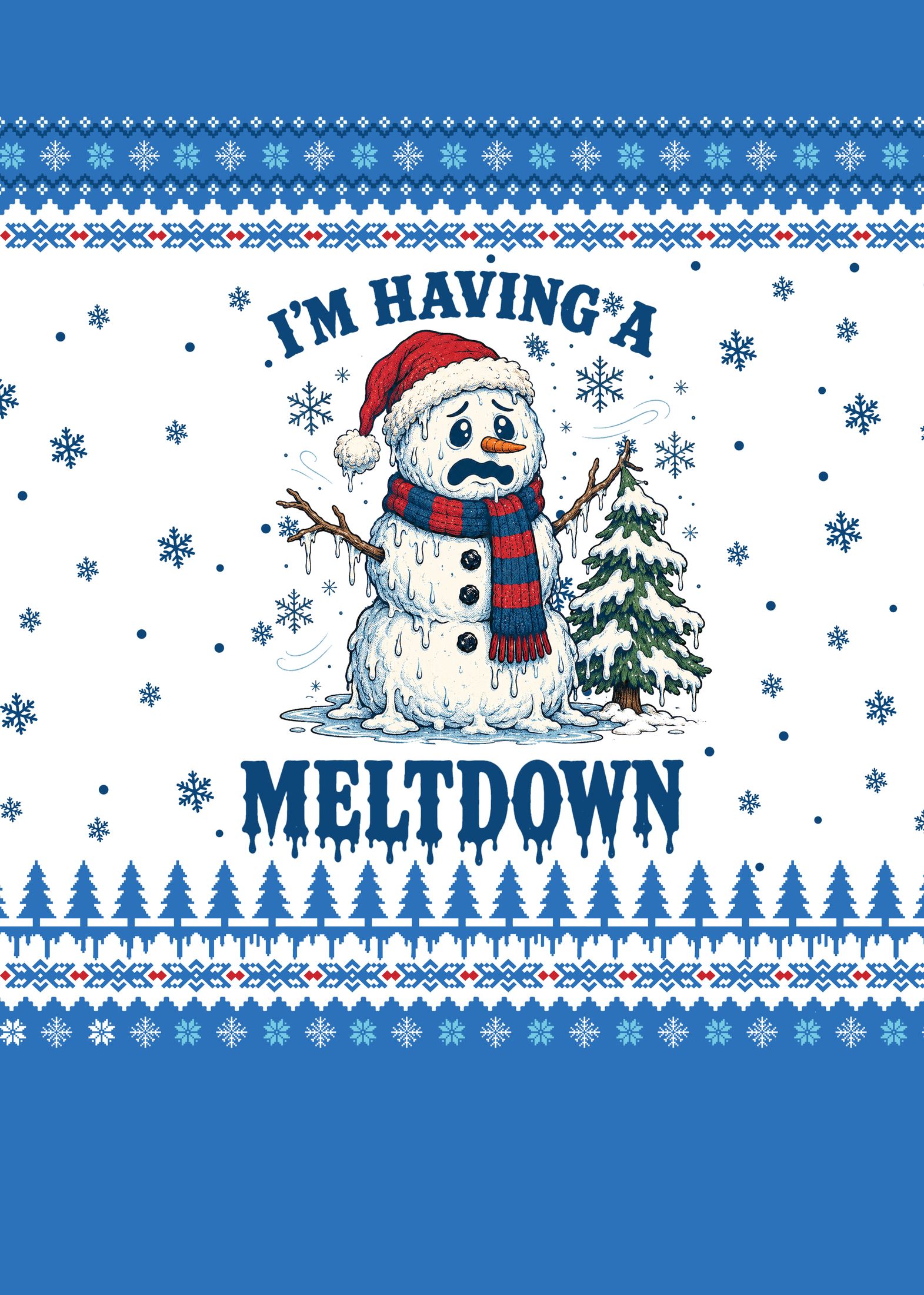 Close up of melting snowman on blue holiday sweater, view 3