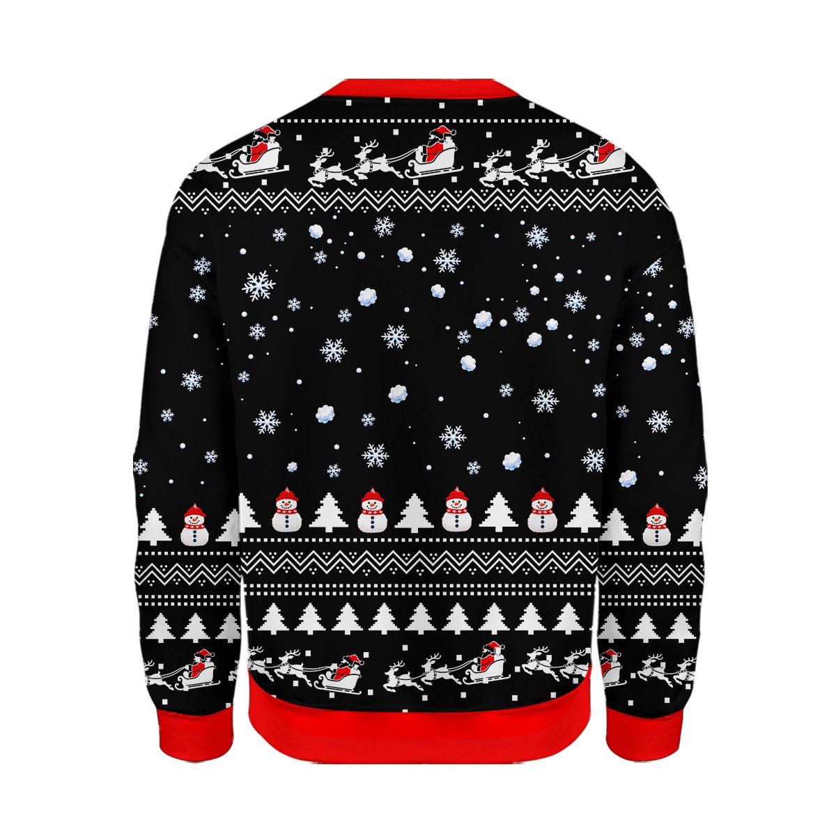 Close up back view of the black funny ugly sweater