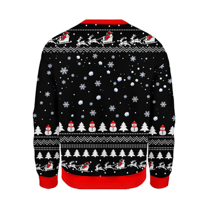 Close up back view of the black funny ugly sweater