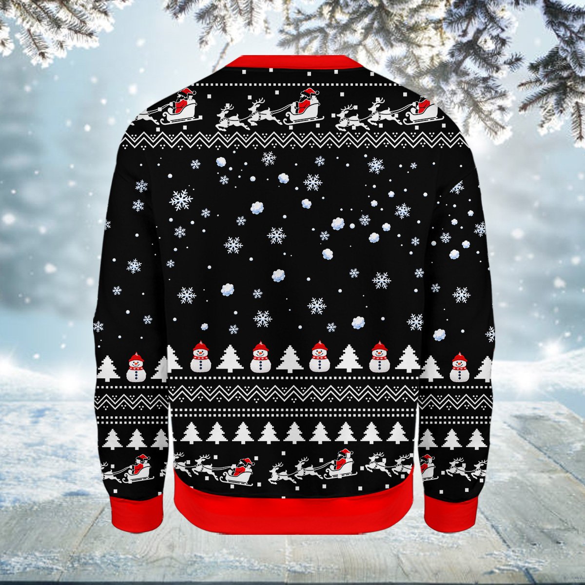 Back view of the black broken snowman ugly sweater
