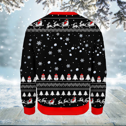 Back view of the black broken snowman ugly sweater