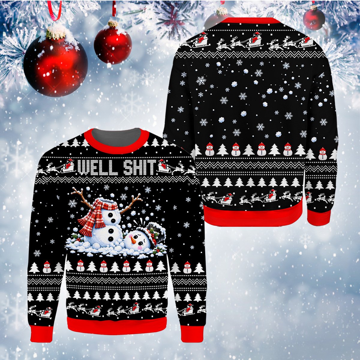 Detailed front view of the black funny ugly sweater