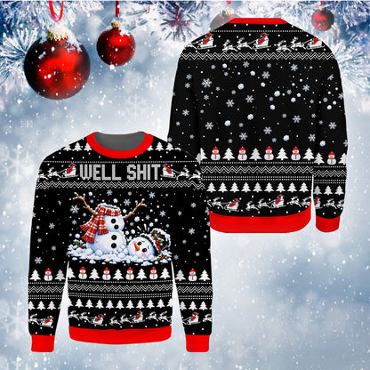 Detailed front view of the black funny ugly sweater