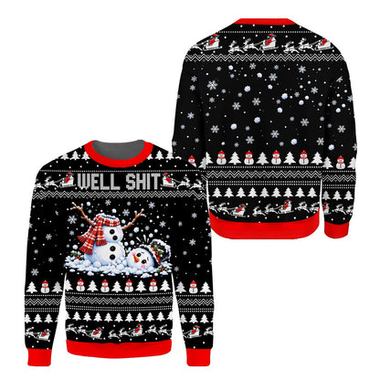 Front view of the funny broken snowman holiday ugly sweater