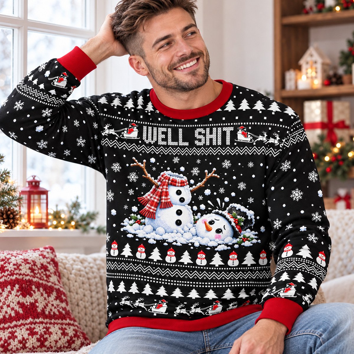Lifestyle shot of the black funny broken snowman sweater