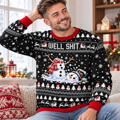 Lifestyle shot of the black funny broken snowman sweater