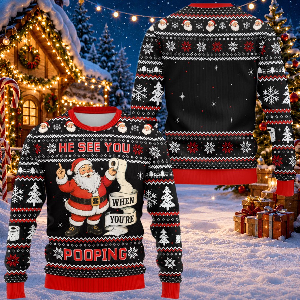 Detailed front view of the holiday ugly sweater showing pixelated snowflake and reindeer patterns
