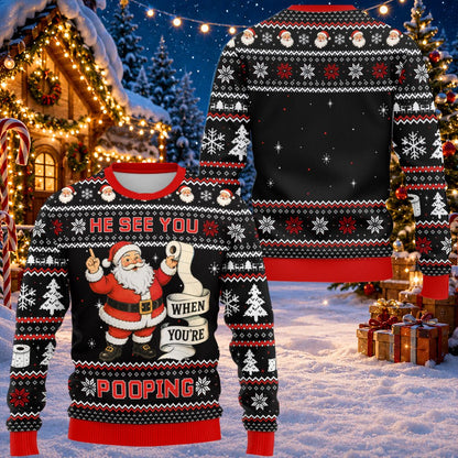 Detailed front view of the holiday ugly sweater showing pixelated snowflake and reindeer patterns