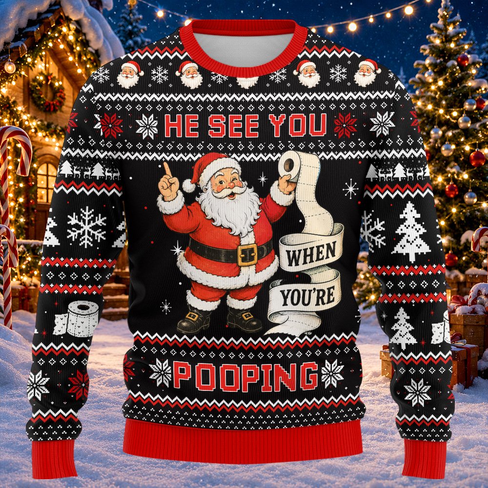 Close-up front view of the Santa Claus toilet paper graphic on the black ugly sweater