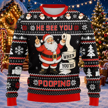 Close-up front view of the Santa Claus toilet paper graphic on the black ugly sweater
