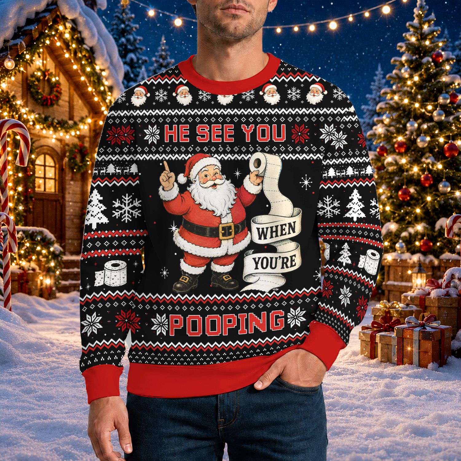 Second lifestyle view of the holiday ugly sweater worn outdoors