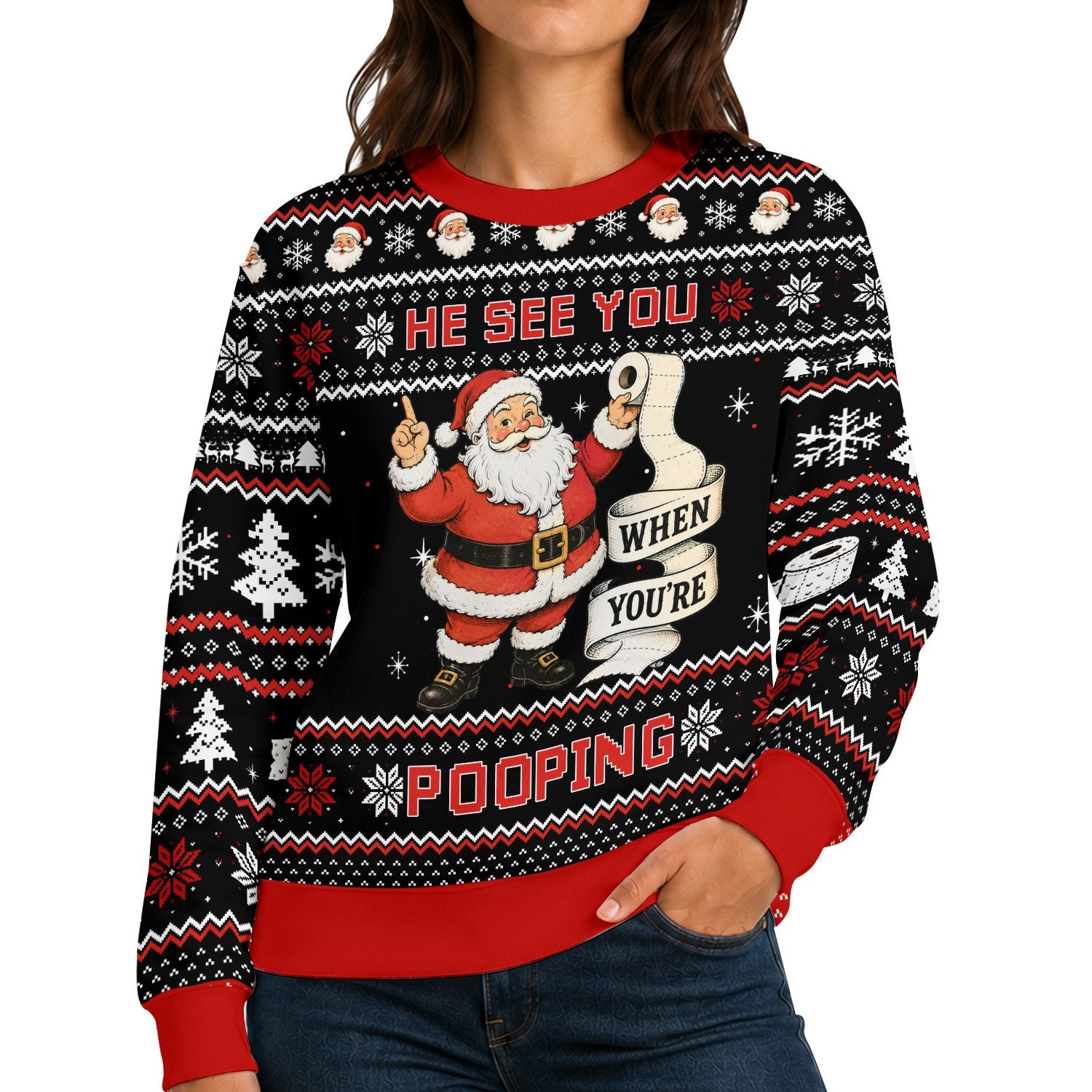 Third lifestyle view showcasing the funny womens ugly sweater in a festive setting