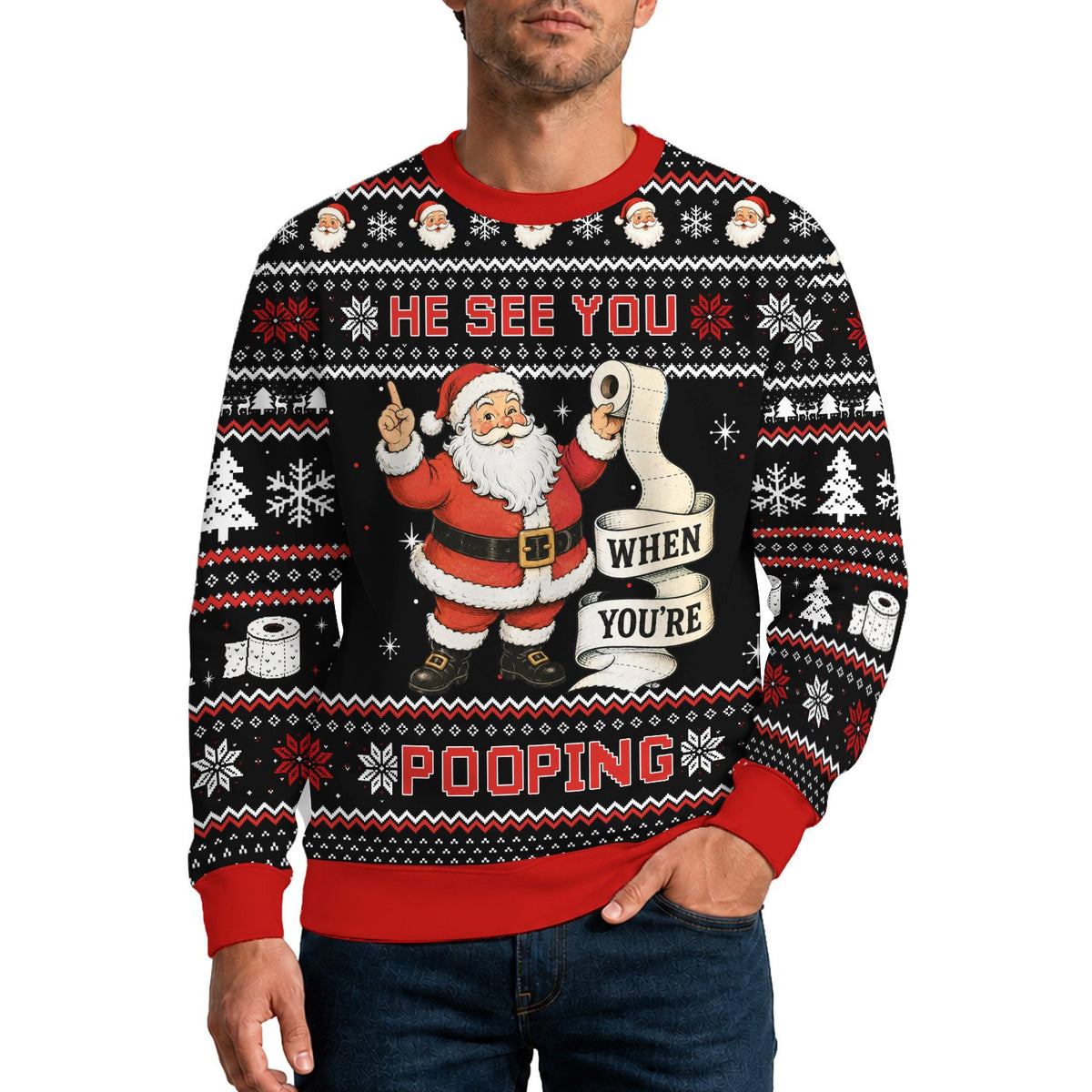 Lifestyle view of a person wearing the funny christmas ugly sweater