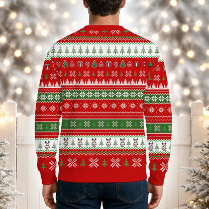 Back view of the funny Christmas ugly sweater showing the holiday pattern