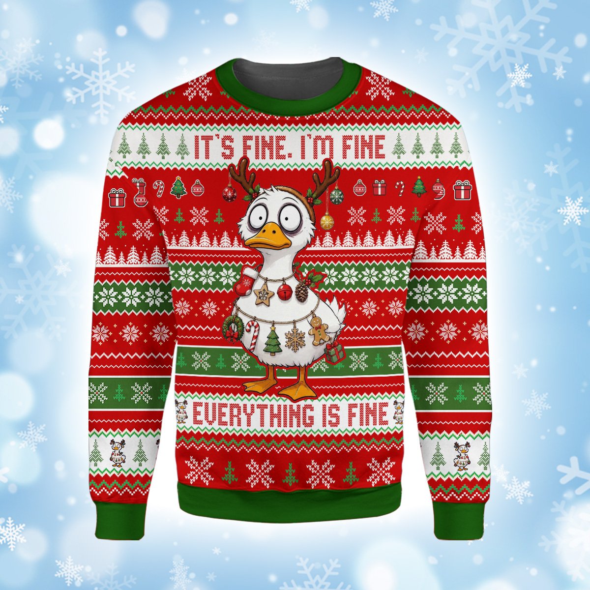 Another front view of the funny Christmas ugly sweater with the duck graphic