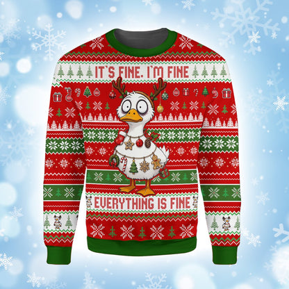 Another front view of the funny Christmas ugly sweater with the duck graphic