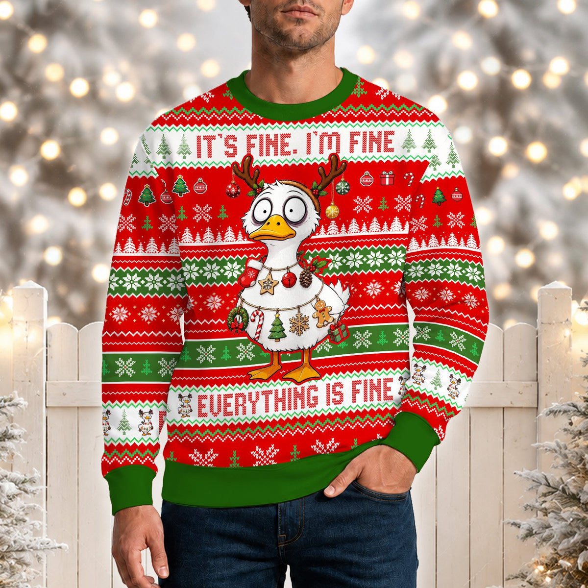 Close up front view of the funny Christmas ugly sweater pattern
