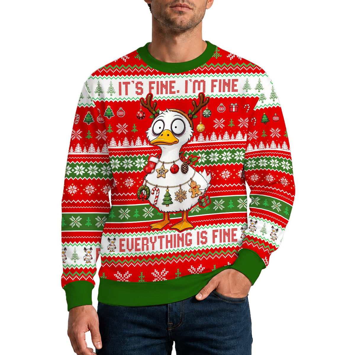 Detailed front view of the funny Christmas ugly sweater duck design