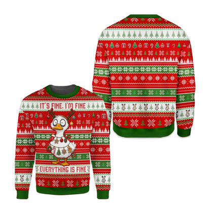 Funny Christmas ugly sweater front view showing the duck and holiday pattern