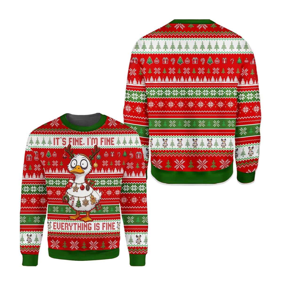 Funny Christmas ugly sweater featuring a comical duck and 'It's Fine' text, main view