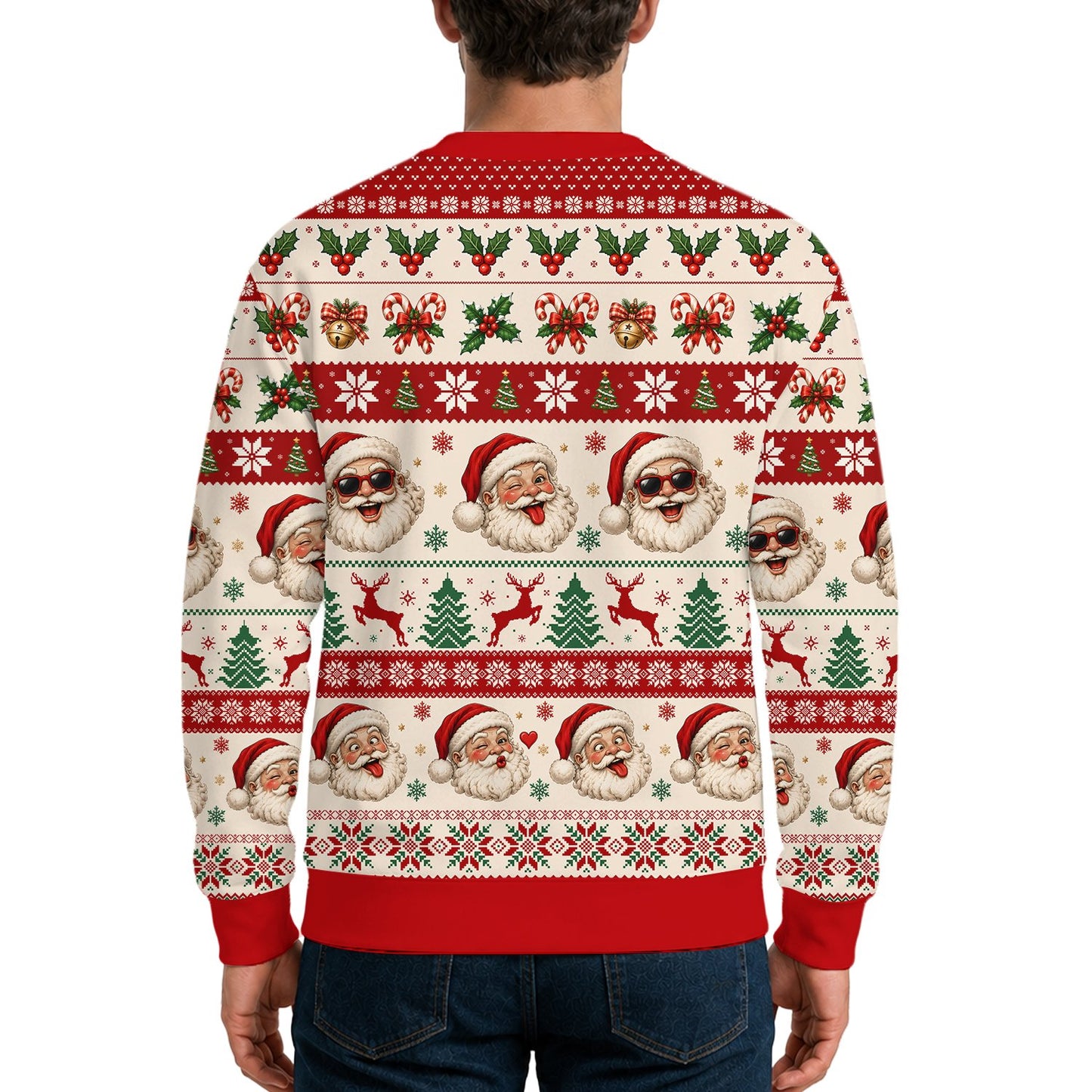 Back view of the holiday ugly sweater showing festive all-over pattern