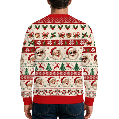 Back view of the holiday ugly sweater showing festive all-over pattern