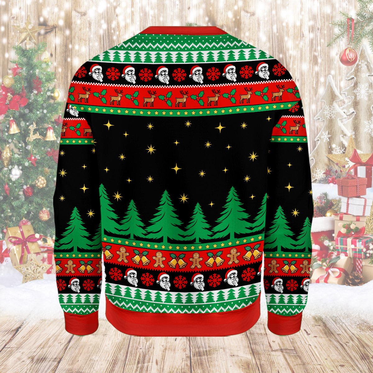 Detailed back view of the holiday sweater showing the pine trees and stars pattern