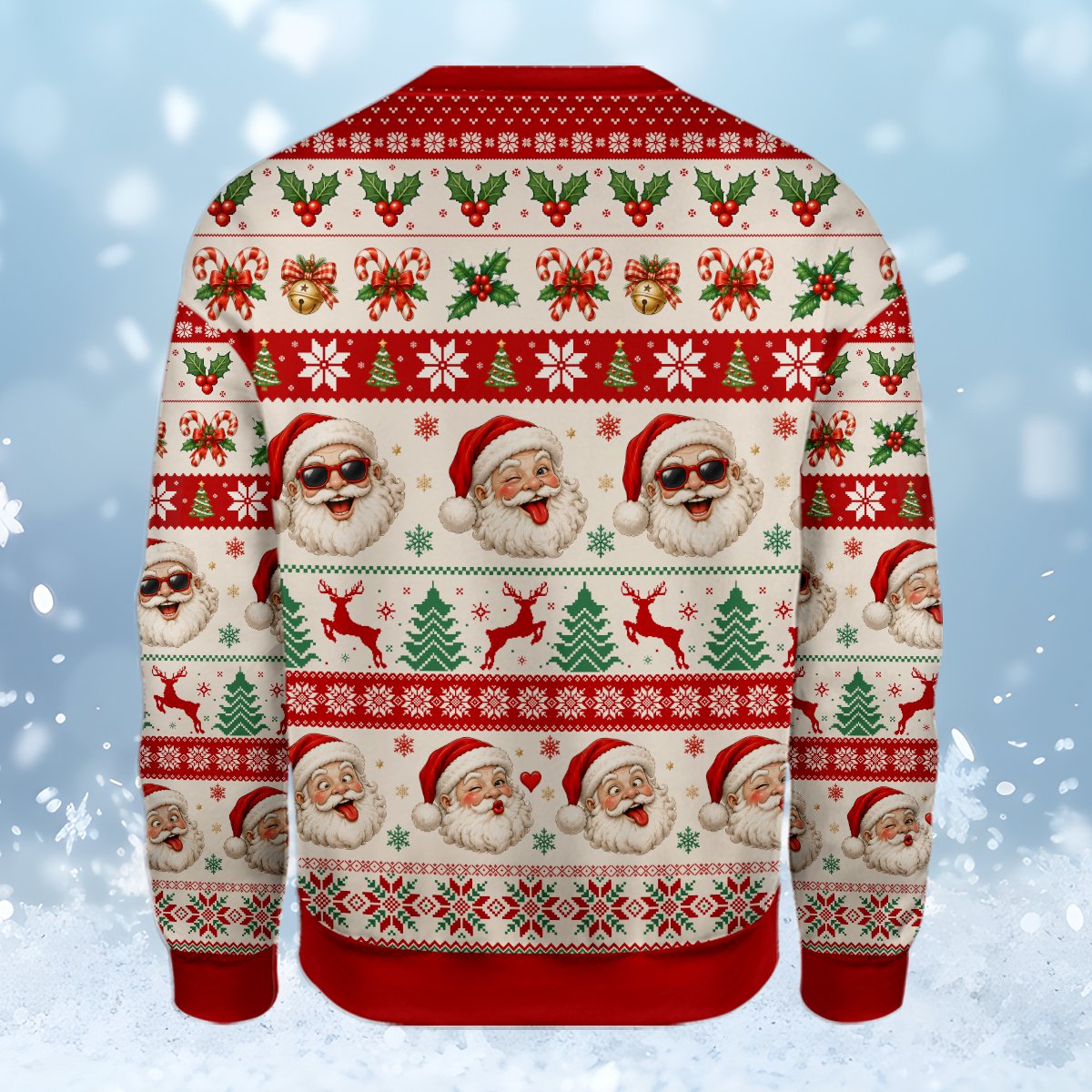 Front detail of the adult humor ugly christmas sweater featuring Santa Claus