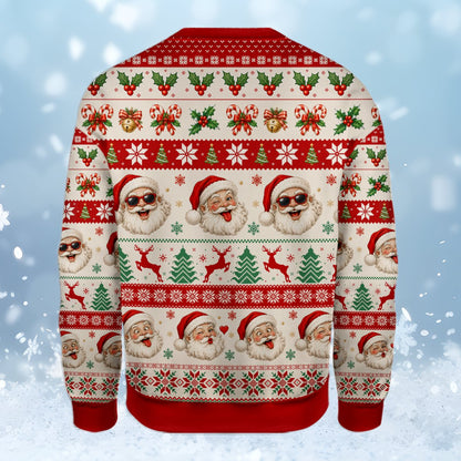 Front detail of the adult humor ugly christmas sweater featuring Santa Claus