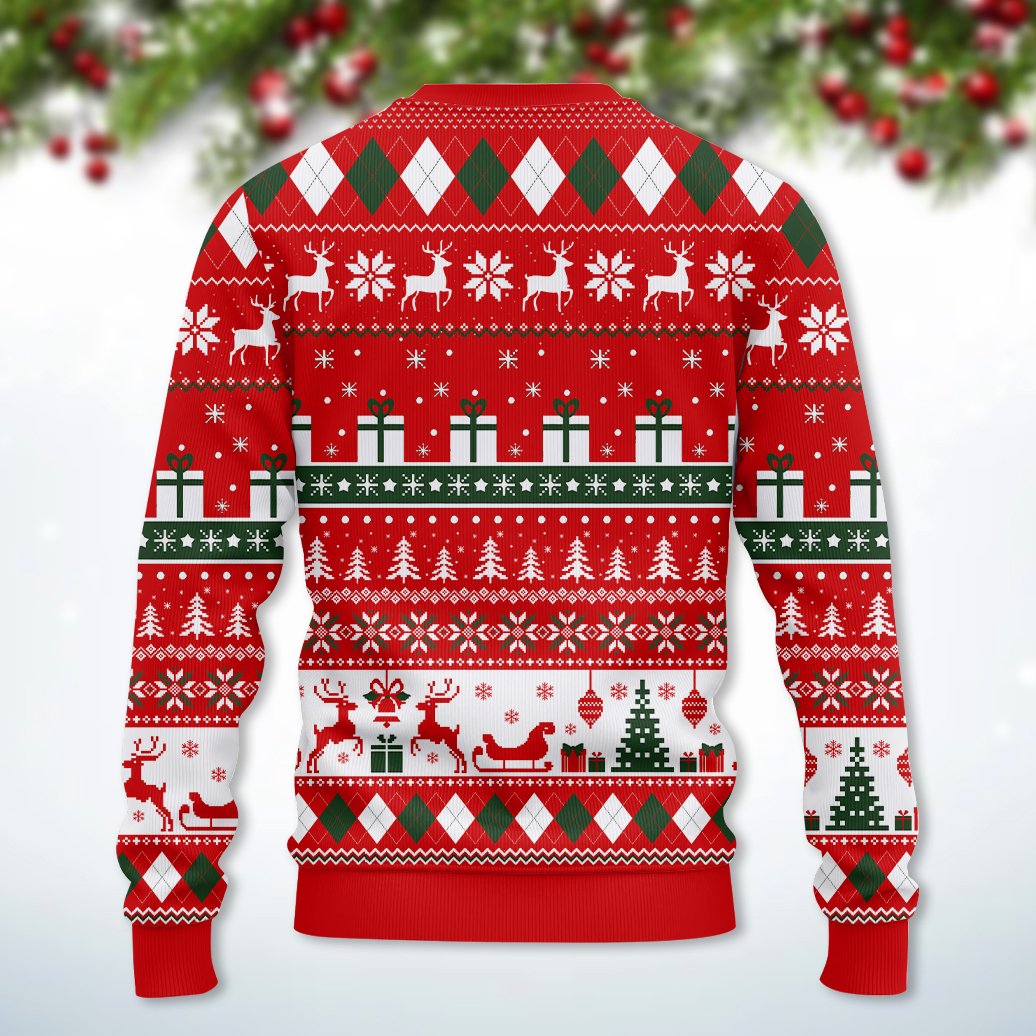Back view of the funny ugly sweater showing traditional holiday patterns