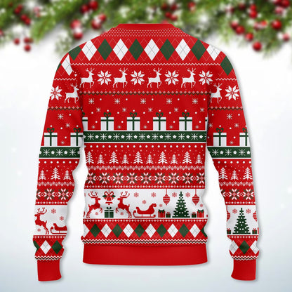 Back view of the funny ugly sweater showing traditional holiday patterns