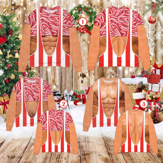 Men's funny ugly christmas sweater with bare torso and suspenders design, main view
