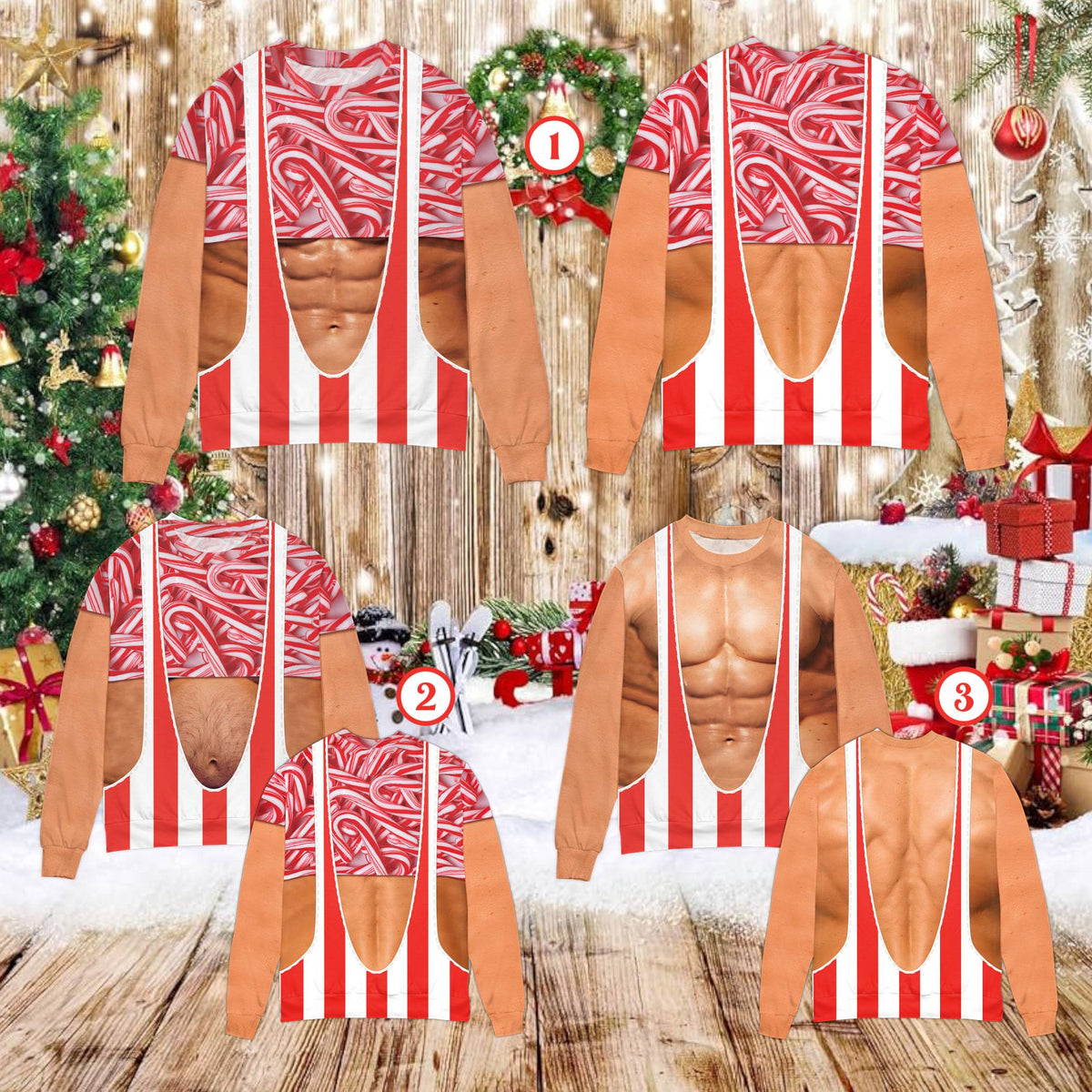 Front view of the beige funny ugly sweater featuring a hairy torso design