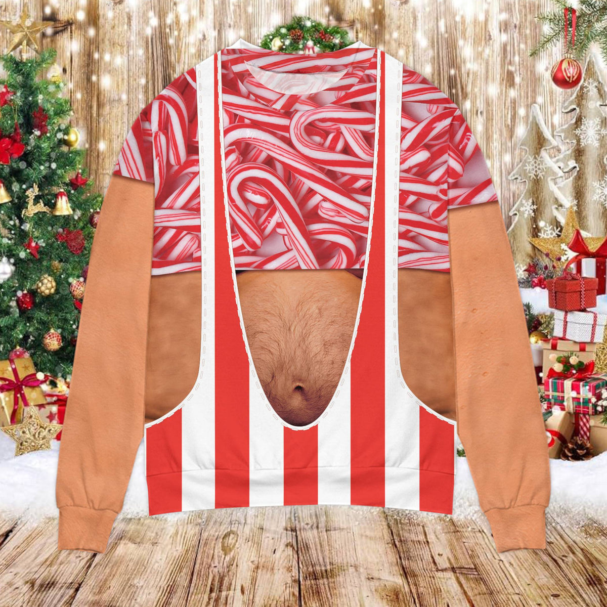 Front view of the funny ugly christmas sweater featuring a muscular torso design